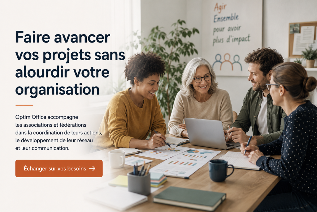 Équipe associative réunie autour d’un projet pour coordonner ses actions et développer son réseau