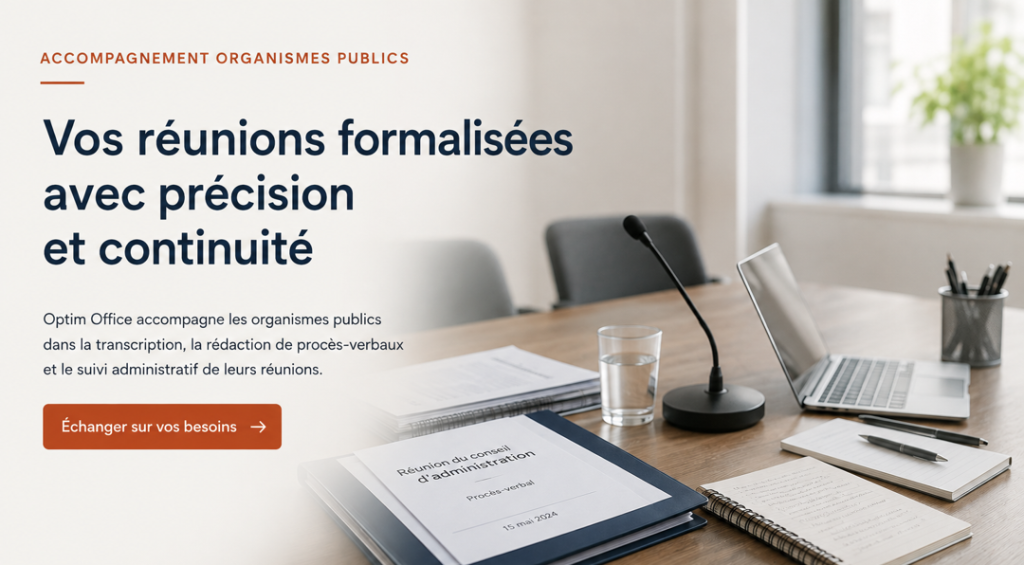 Salle de réunion au sein d'un organisme administratif, équipée pour la rédaction de comptes rendus et procès-verbaux de réunions
