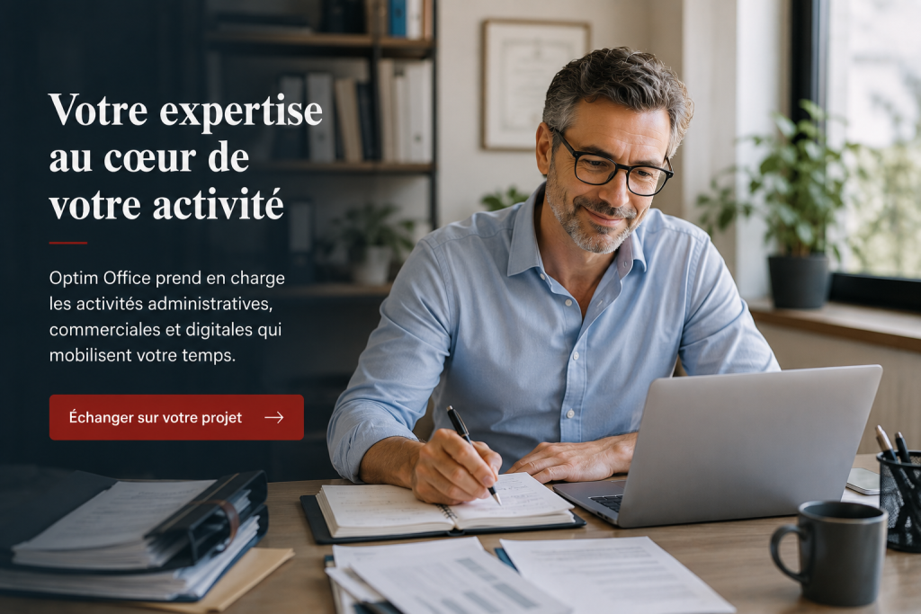 Professionnel libéral travaillant dans son bureau avec un accompagnement administratif, commercial et digital