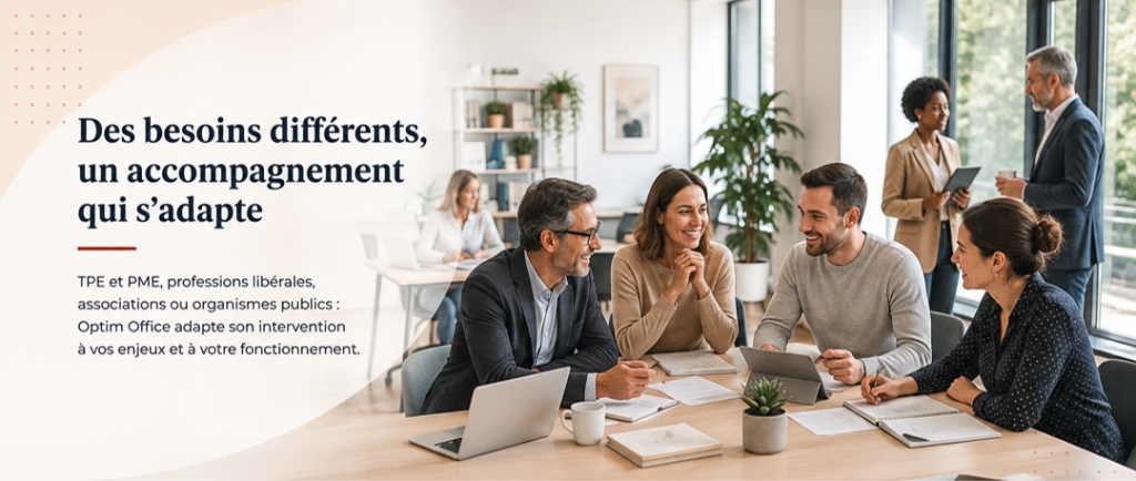 Professionnels réunis illustrant les différents secteurs accompagnés par Optim Office