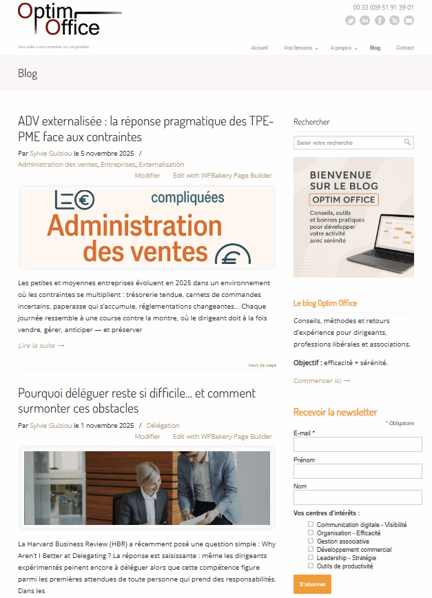 Capture de la page d'accueil du blog Optim Office en novembre 2025