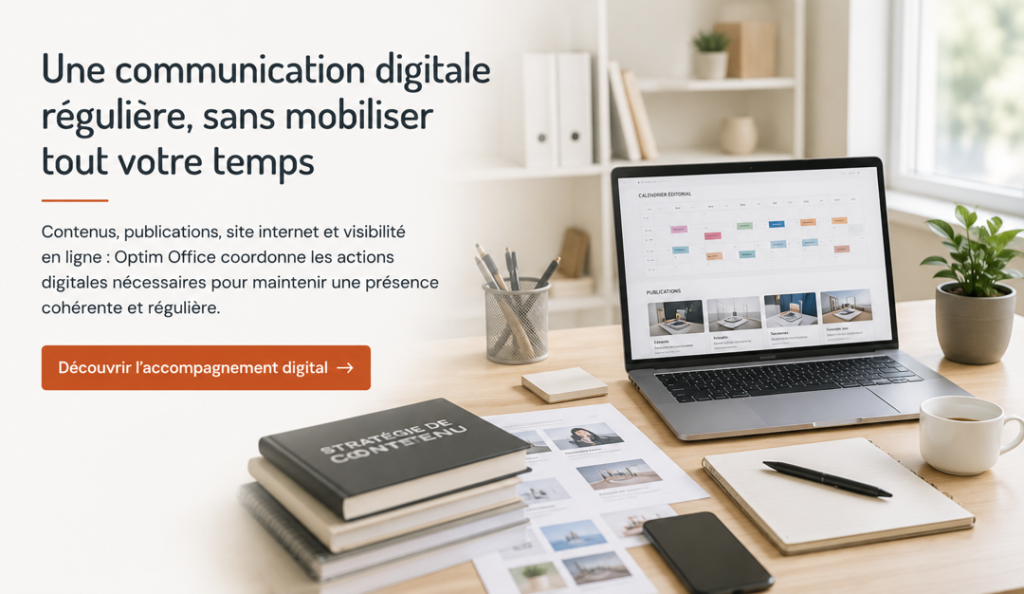 Espace de travail illustrant la planification et la coordination de la communication digitale d’une entreprise