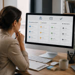 Professionnelle consultant un tableau de suivi regroupant contacts, échanges et opportunités afin d'assurer la continuité des actions digitales.