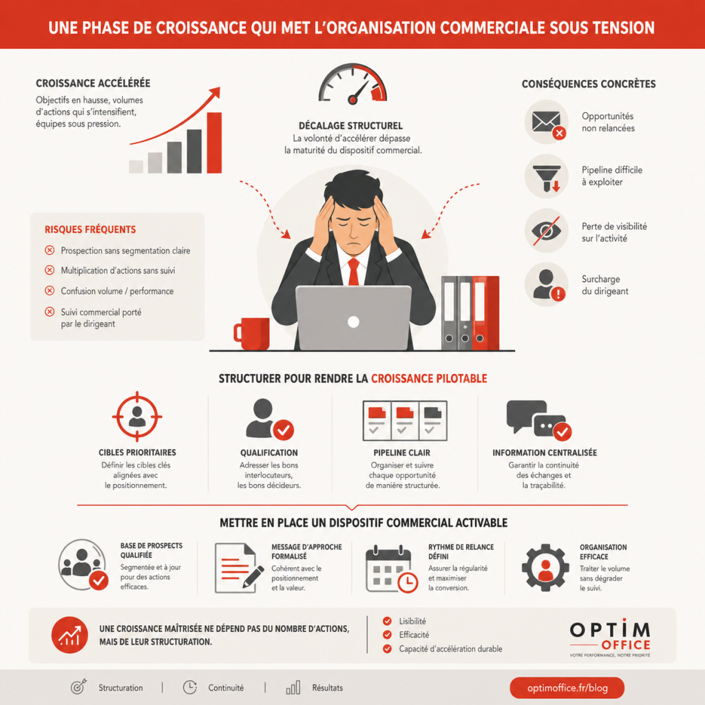 Illustration d’une organisation commerciale sous tension lors d’une phase de croissance, avec risques, déséquilibres et leviers de structuration