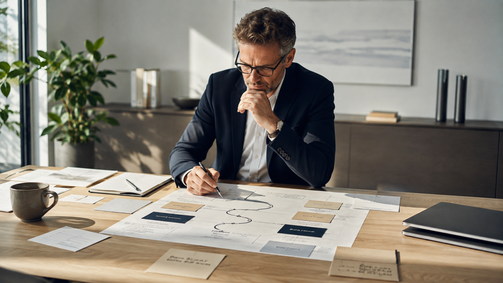 Dirigeant analysant une feuille de route de développement commercial afin de structurer une démarche de prospection B2B et définir les prochaines actions.