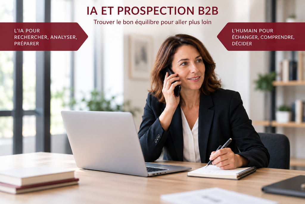 Professionnelle en prospection B2B au téléphone, illustrant le partage des rôles entre IA et expertise humaine.