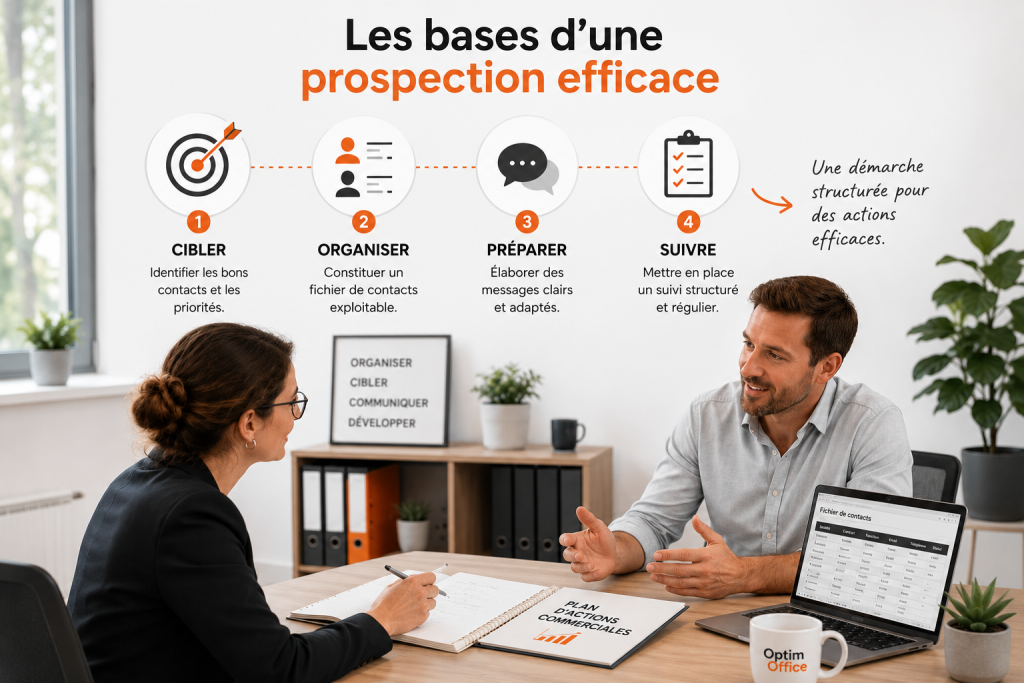 Illustration représentant la prospection commerciale B2B : une dirigeante analyse des données, qualifie des prospects et organise des rendez-vous commerciaux pour développer l’activité de l’entreprise.