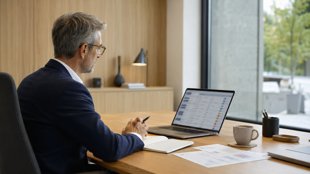 Dirigeant expérimenté coordonnant le suivi des opportunités commerciales et des actions prioritaires dans un environnement de travail structuré, illustrant la continuité du développement commercial.