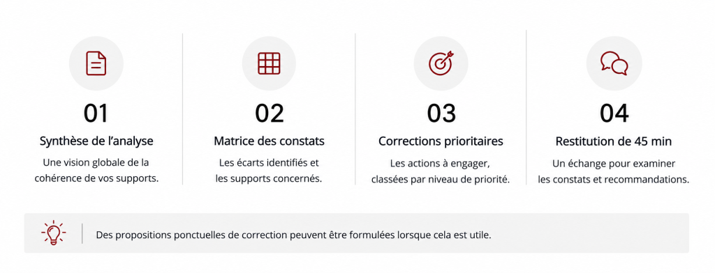 Synthèse, matrice des constats, corrections prioritaires et restitution de l’analyse