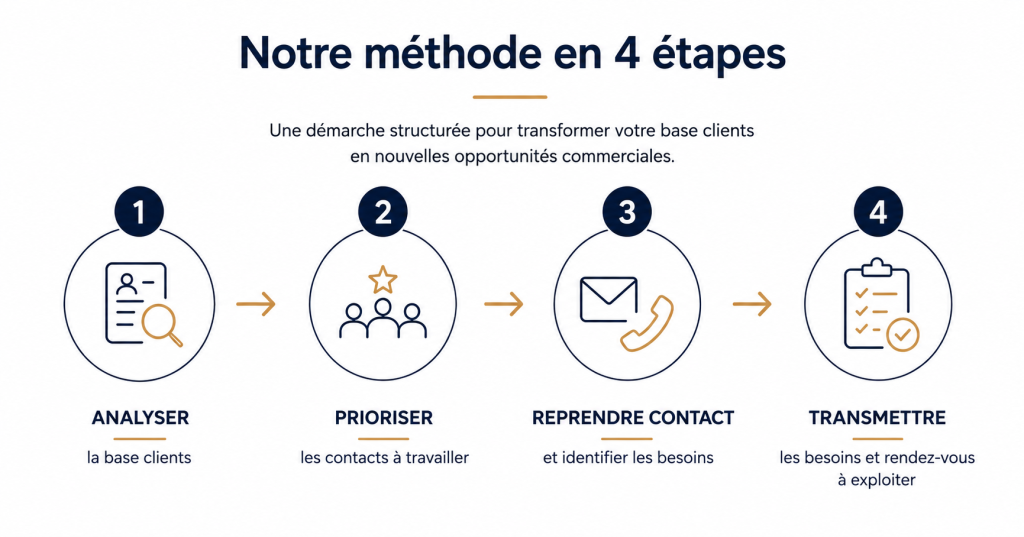 Méthode Optim Office en quatre étapes pour analyser, prioriser et développer les opportunités commerciales d’une base clients.