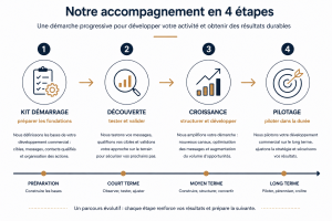 Schéma illustrant les quatre étapes d'un accompagnement en développement commercial : Kit Démarrage Commercial, Découverte, Croissance et Pilotage, de la préparation de la démarche commerciale à son pilotage dans la durée.