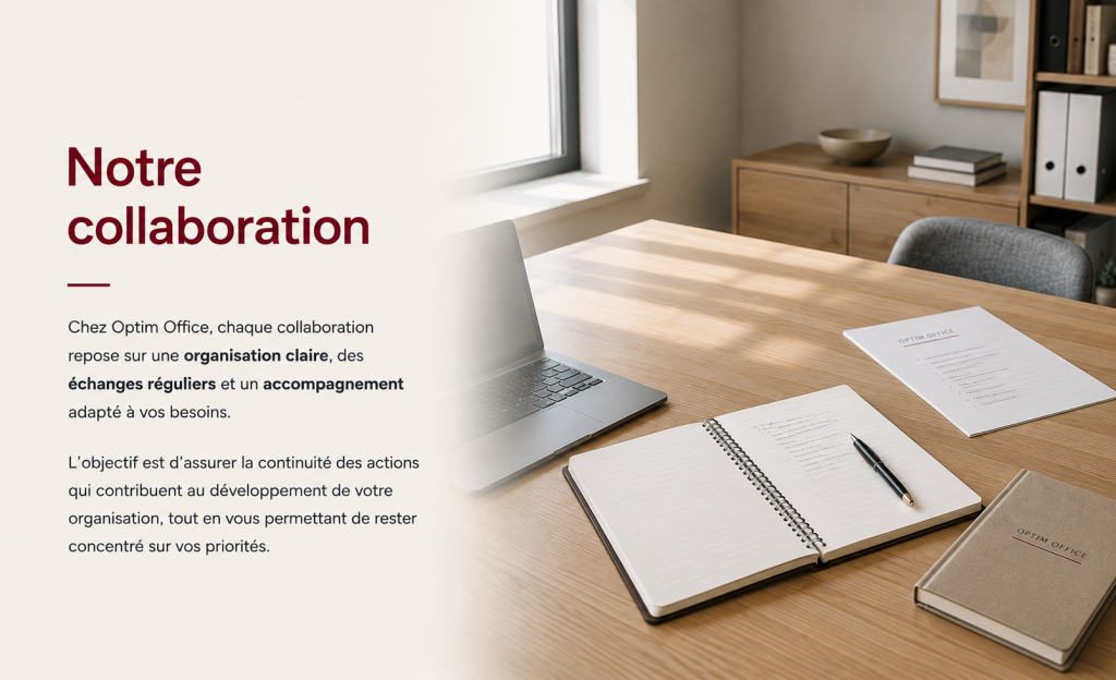 Espace de travail organisé illustrant la collaboration et la continuité des actions avec Optim Office