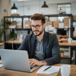 Professionnel travaillant sur ordinateur pour coordonner projets et équipes dans le cadre d’une gestion d’affaires en ligne (OBM)