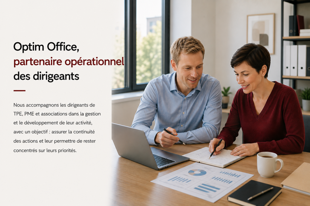 Échange professionnel illustrant l’accompagnement opérationnel des dirigeants par Optim Office.