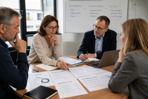 Réunion de travail consacrée à l'analyse d'une campagne de prospection commerciale et à l'étude des retours du marché.