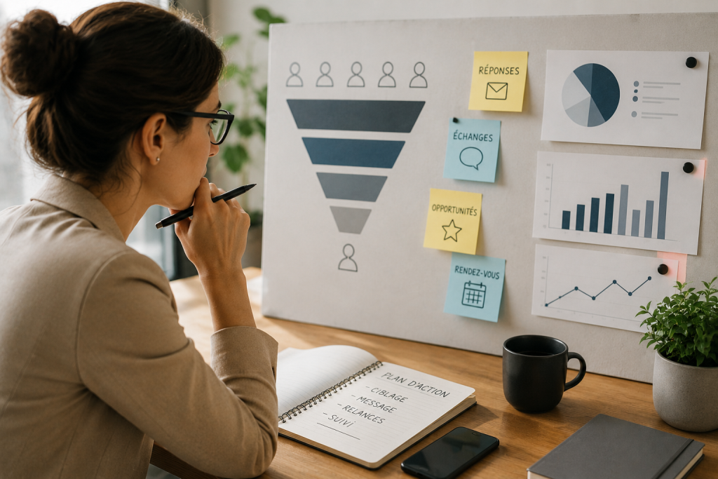 dirigeant analysant les premiers retours d'une campagne de prospection sur un tableau de bord professionnel, avec plusieurs indicateurs de marché