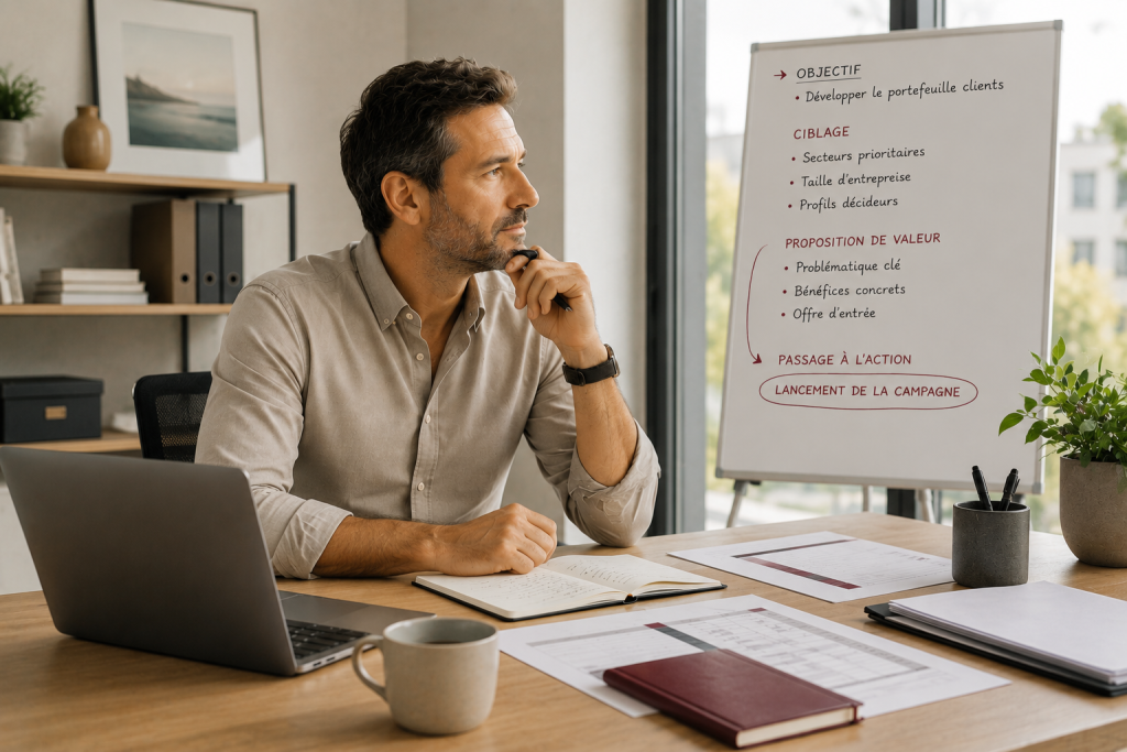 Dirigeant préparant une campagne de prospection commerciale B2B avant les premiers contacts