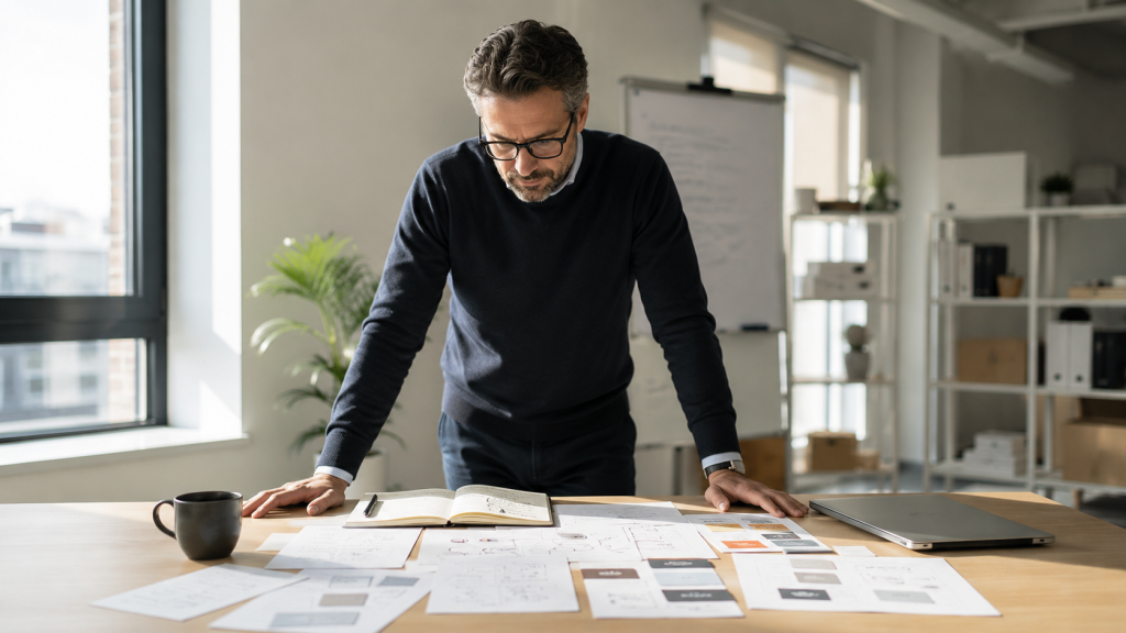Dirigeant analysant la préparation stratégique d'une campagne de prospection commerciale avant le lancement des premiers contacts