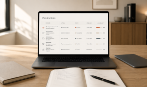 Bureau moderne illustrant l'appui opérationnel d'Optim Office pour assurer le suivi des priorités, la coordination des actions et la continuité des projets.