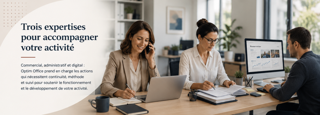 Professionnels illustrant les expertises commerciales, administratives et digitales d’Optim Office