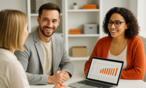 Collaboration d’équipe illustrant l’externalisation administrative, commerciale et digitale (Optim Office – Toulon)