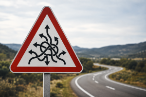 Panneau routier représentant plusieurs directions possibles devant une route sinueuse, illustrant la nécessité de clarifier ses choix avant de lancer une campagne de prospection.