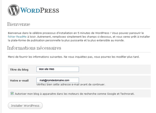 Page de bienvenue à WordPress
